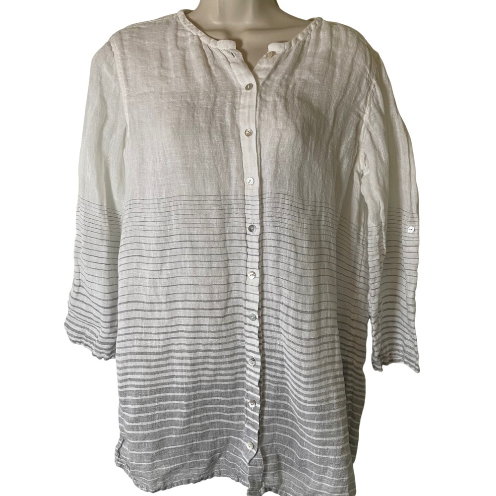 Saint Tropez West 100% Linen Striped Button Up Tunic Shirt M Minimalist Coastal